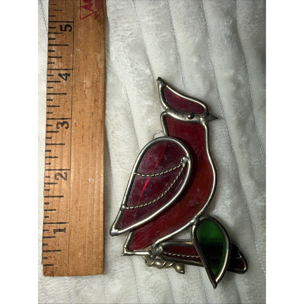 Vtg Stained Glass Red Bird Cardinal Suncatcher Ornament Lead 4” Leaves